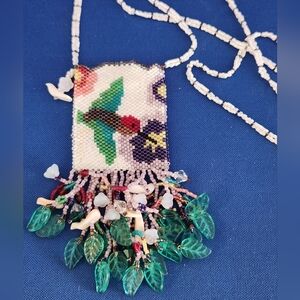 Beaded Hummingbird Pendant Pouch Necklace with Green Leaf Fringe